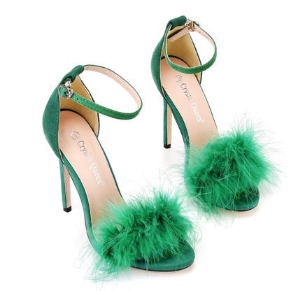 Fluffy Peep Toe Stilettos with Fur Feather