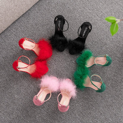 Fluffy Peep Toe Stilettos with Fur Feather